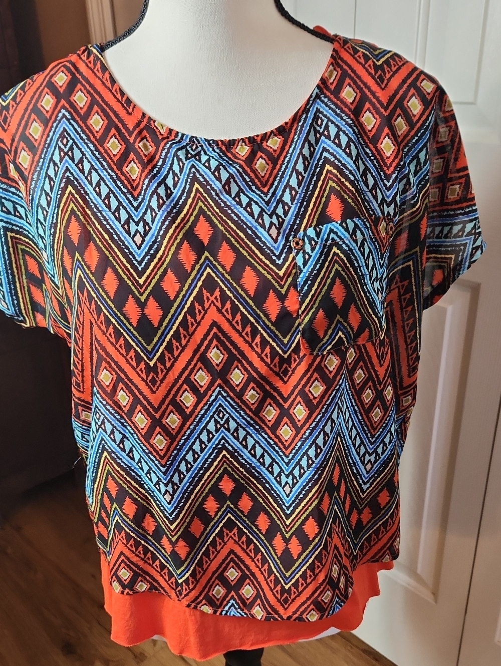 Multiples Vibrant Chevron Short Sleeve Top in Orange and Blue